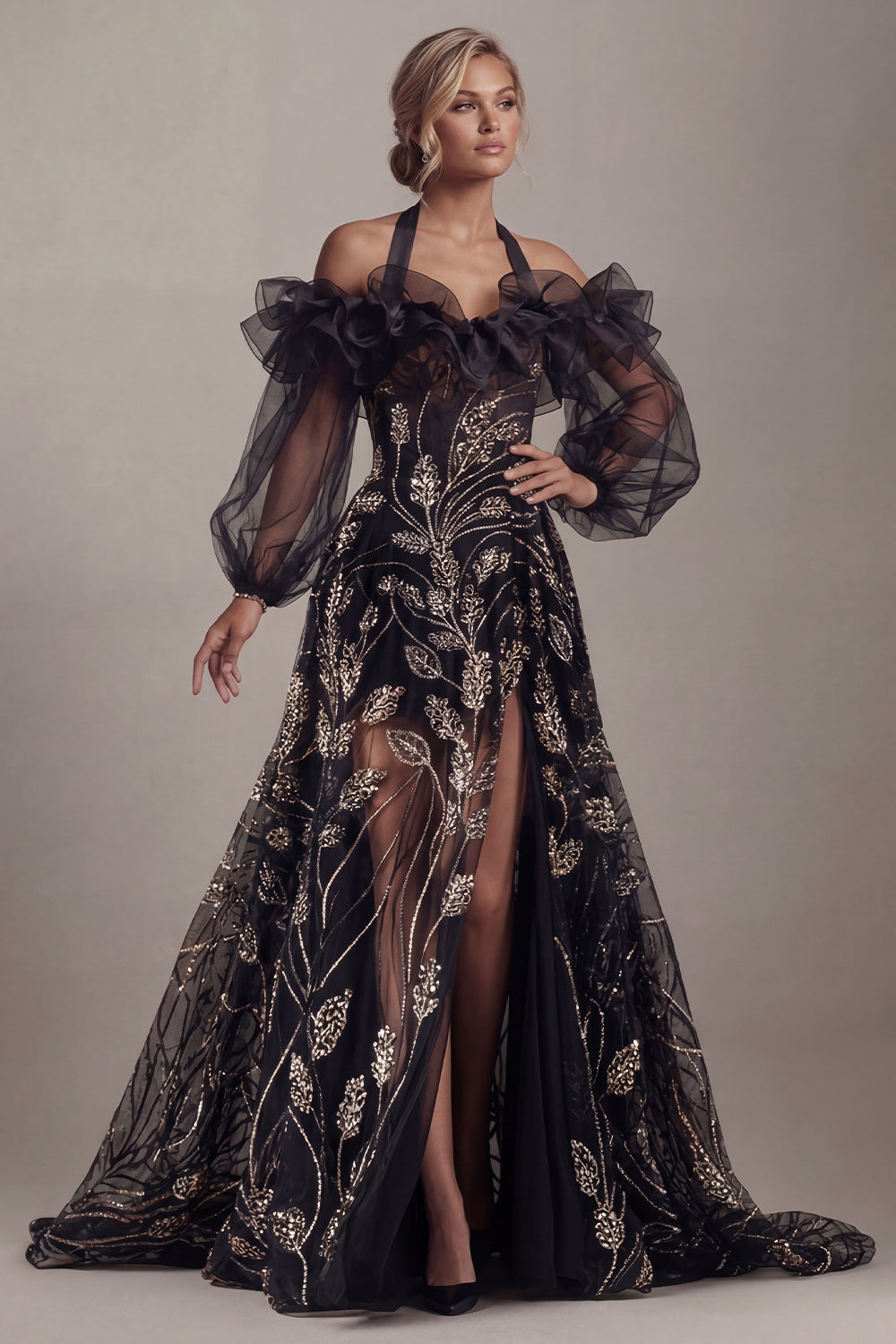 Sparkly Black Beaded Ruffled Long Halter A Line Mother of the Bride Dress with Slit