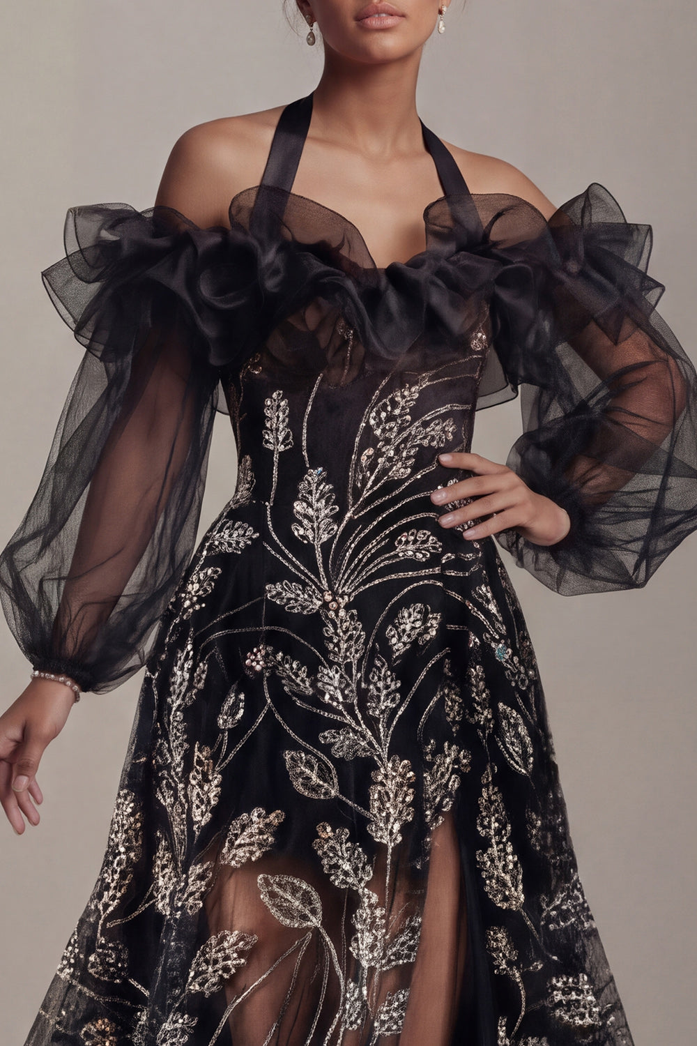 Sparkly Black Beaded Ruffled Long Halter A Line Mother of the Bride Dress with Slit