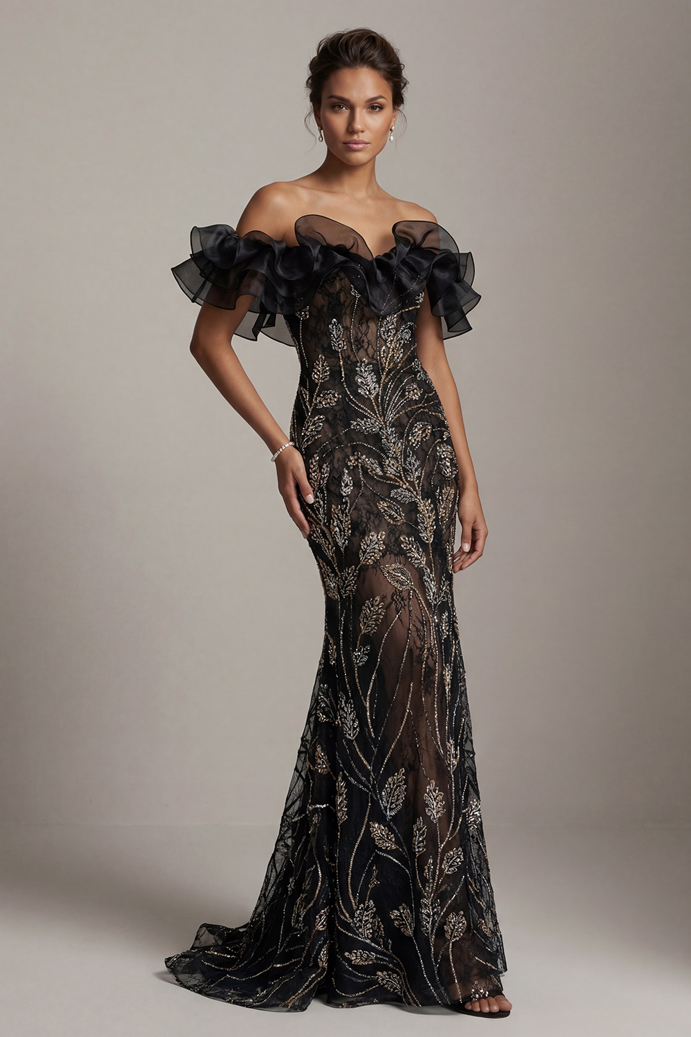 Sparkly Black Beaded Mermaid Long Mother of the Bride Dress with Ruffles