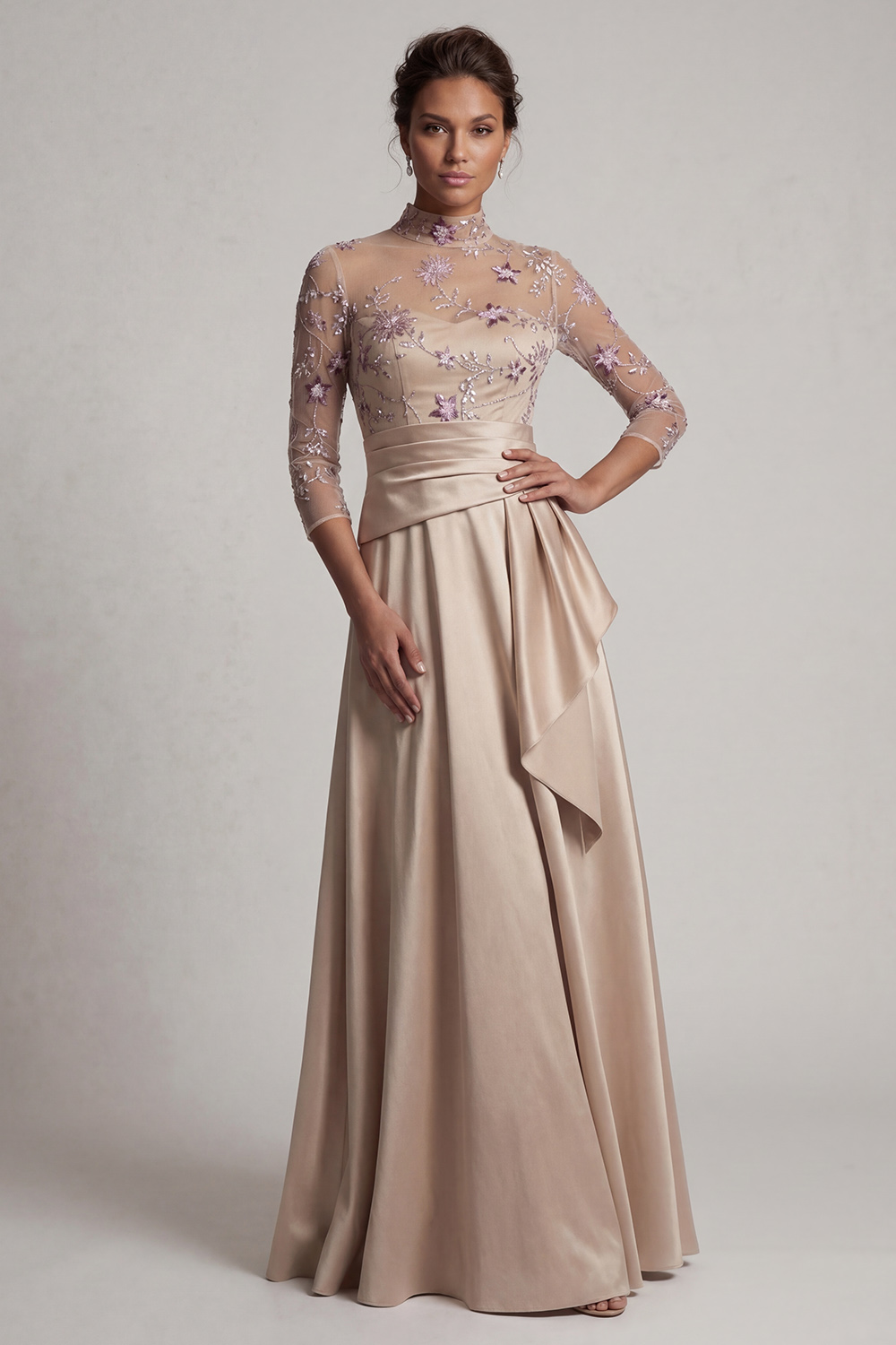 Champagne Floral A Line Ruched Long Mother of the Bride Dress with Ruffles