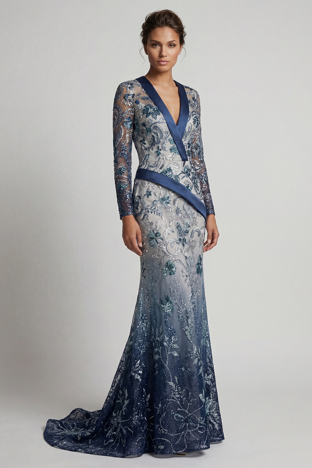 Sparkly Navy Floral V Neck Mermaid Long Beaded Mother of the Bride Dress