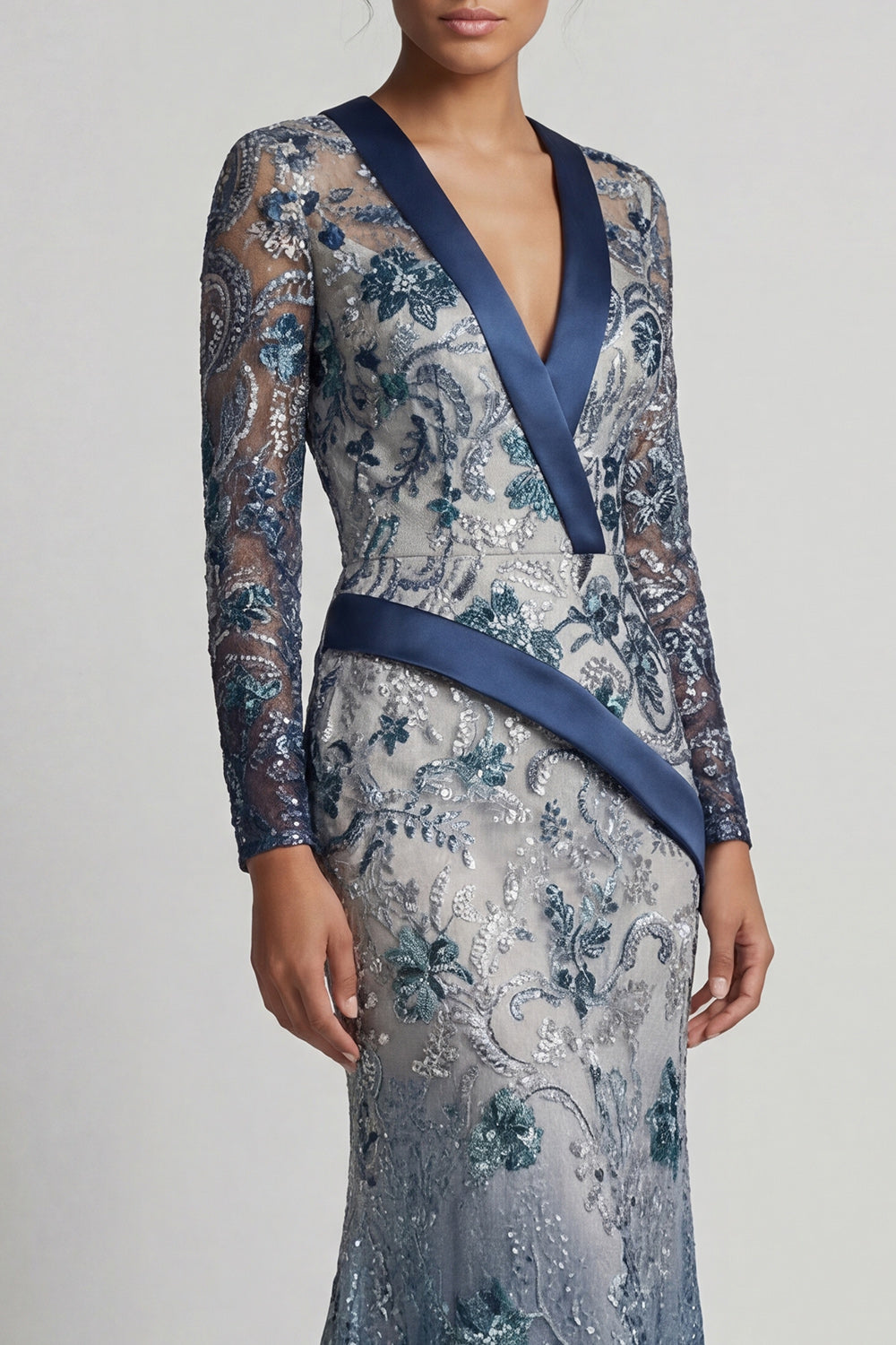 Sparkly Navy Floral V Neck Mermaid Long Beaded Mother of the Bride Dress