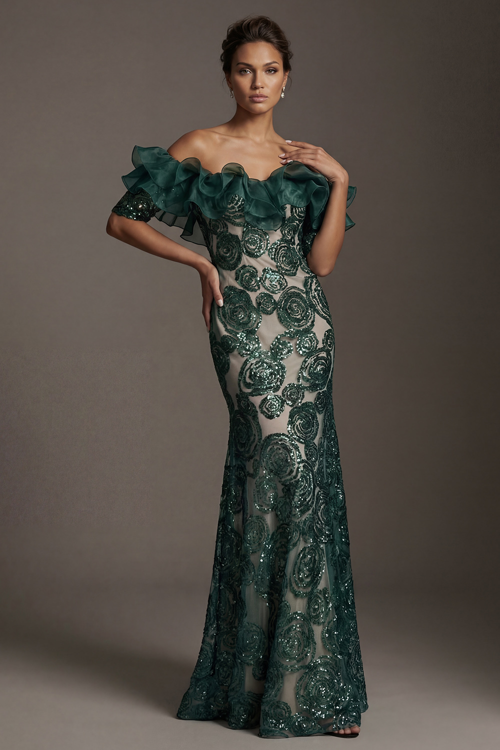 Sparkly Dark Green Long Beaded Mermaid Mother of the Bride Dress with Ruffles