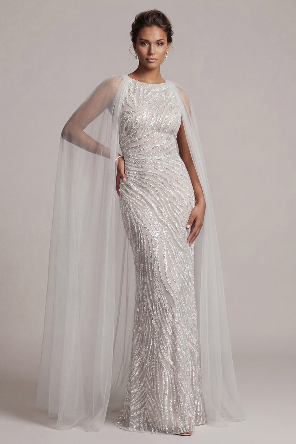 Sparkly Ivory Beaded Boat Neck Mermaid Long Mother of the Bride Dress with Cape