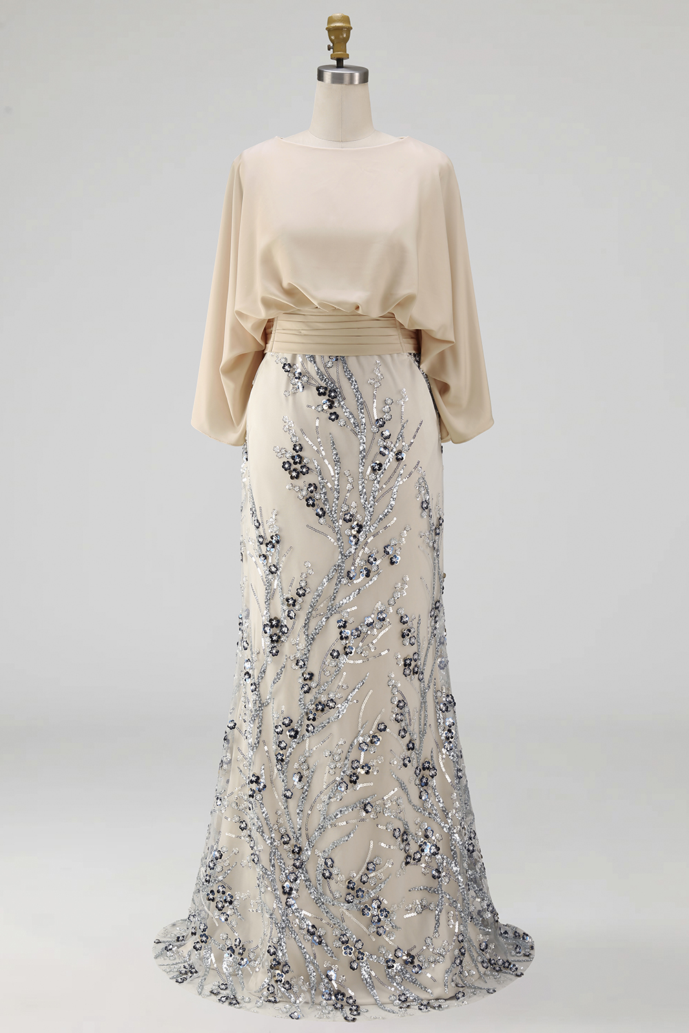 Sparkly Champagne Beaded Floral Mermaid Long Grandmother of the Bride Dress with Pockets