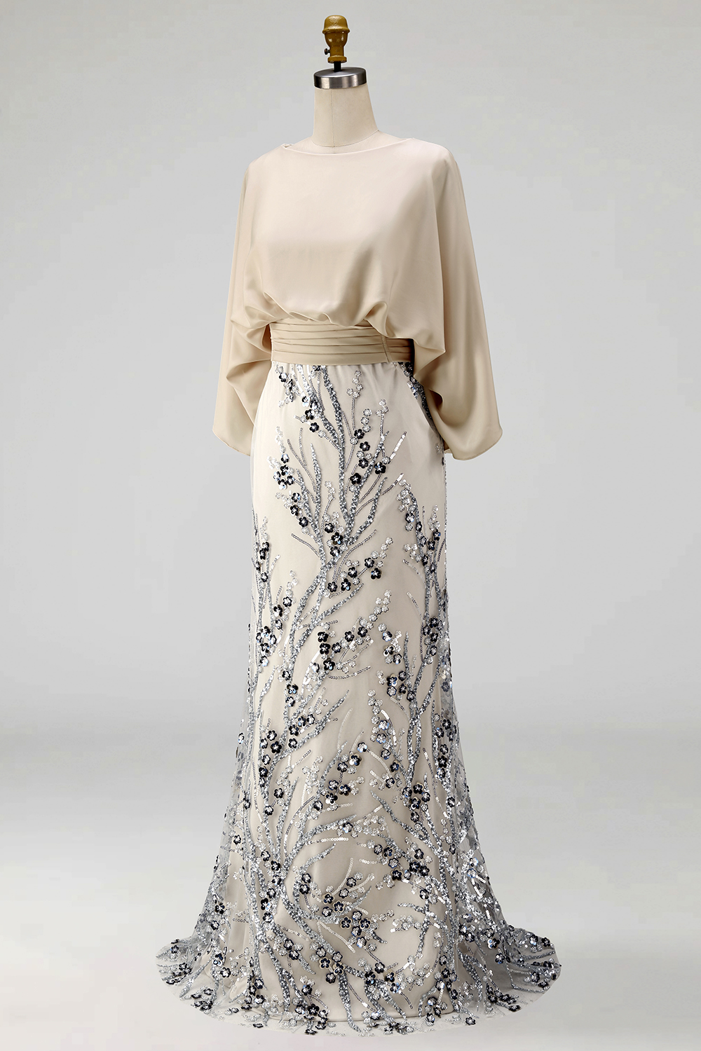 Sparkly Champagne Beaded Floral Mermaid Long Grandmother of the Bride Dress with Pockets
