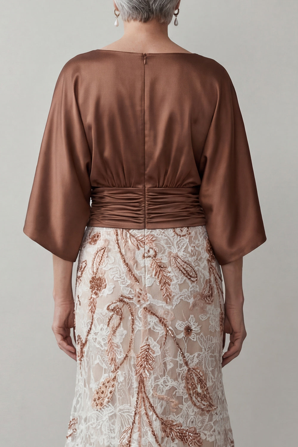 Coffee Floral Lace Boat Neck Ruched Mermaid Long Grandmother of the Bride Dress