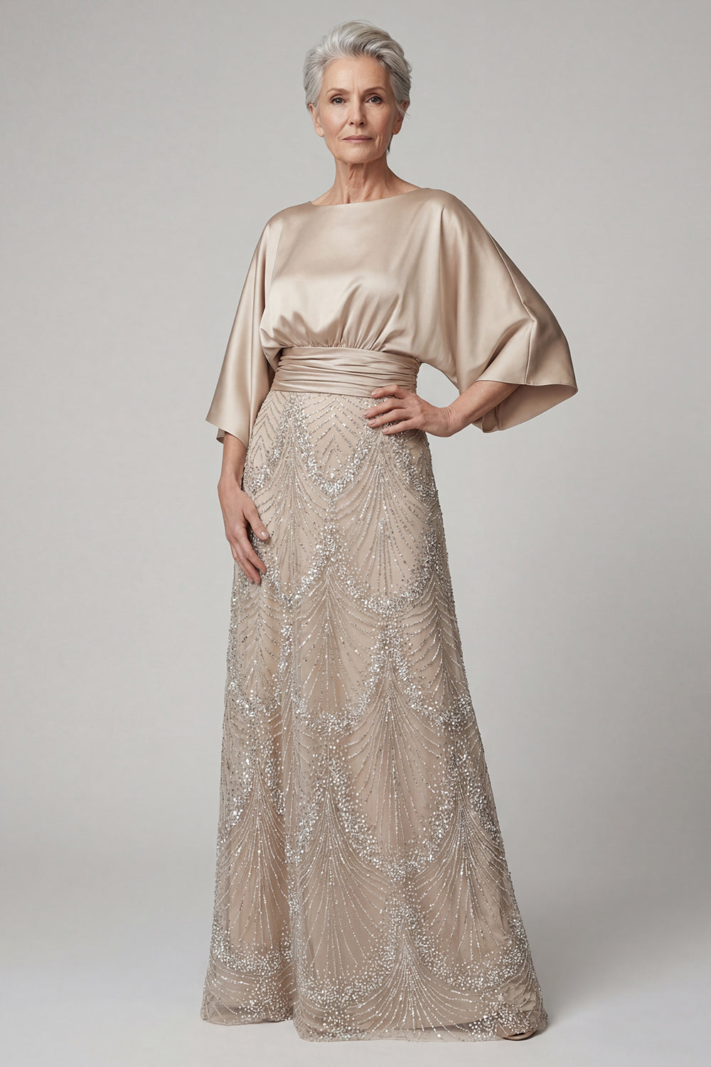 Sparkly Champagne Beaded Boat Neck A Line Long Grandmother of the Bride Dress