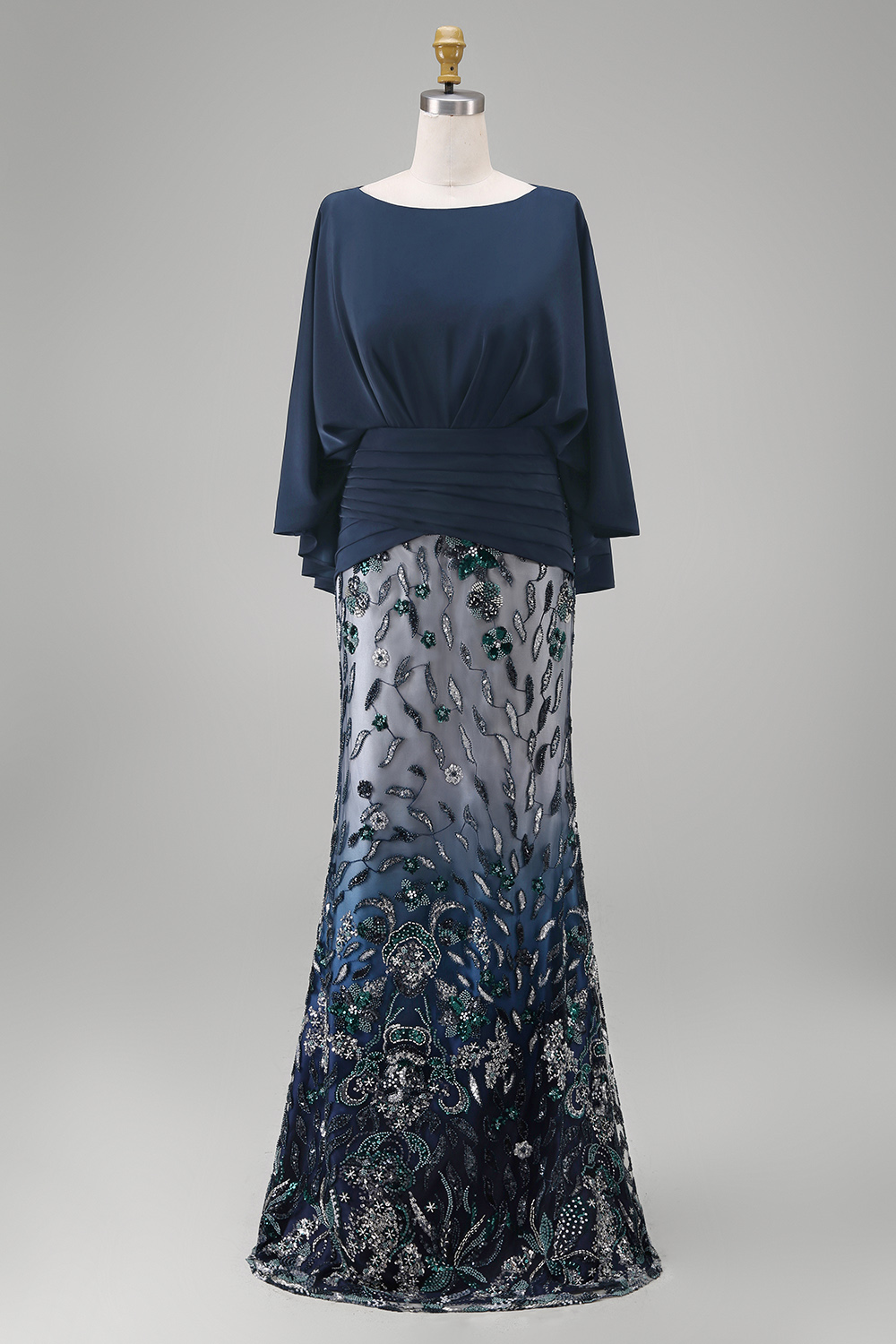 Sparkly Navy Sequin Mermaid Long Floral Grandmother of the Bride Dress