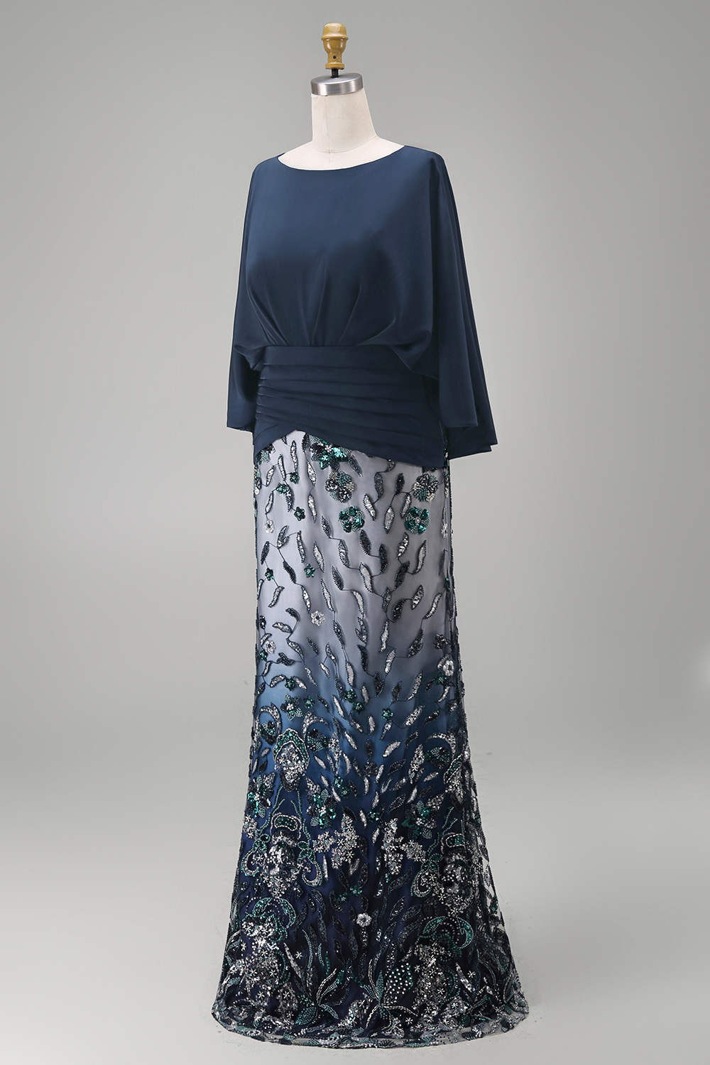 Sparkly Navy Sequin Mermaid Long Floral Grandmother of the Bride Dress
