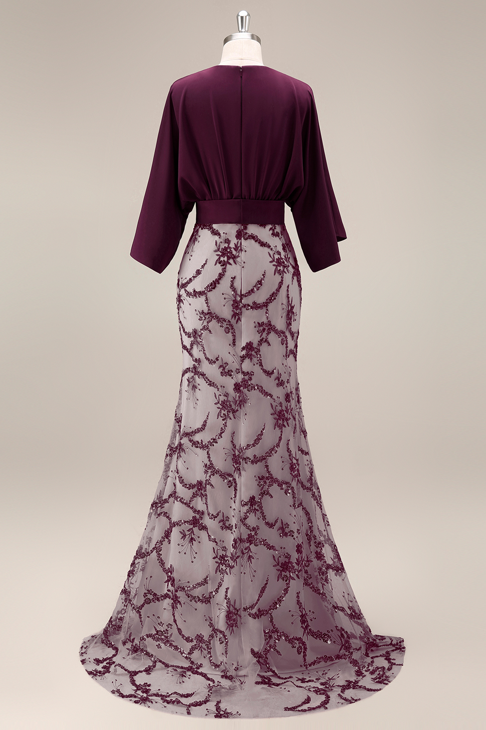 Sparkly Dark Purple Sequin Mermaid Long Boat Neck Grandmother of the Bride Dress