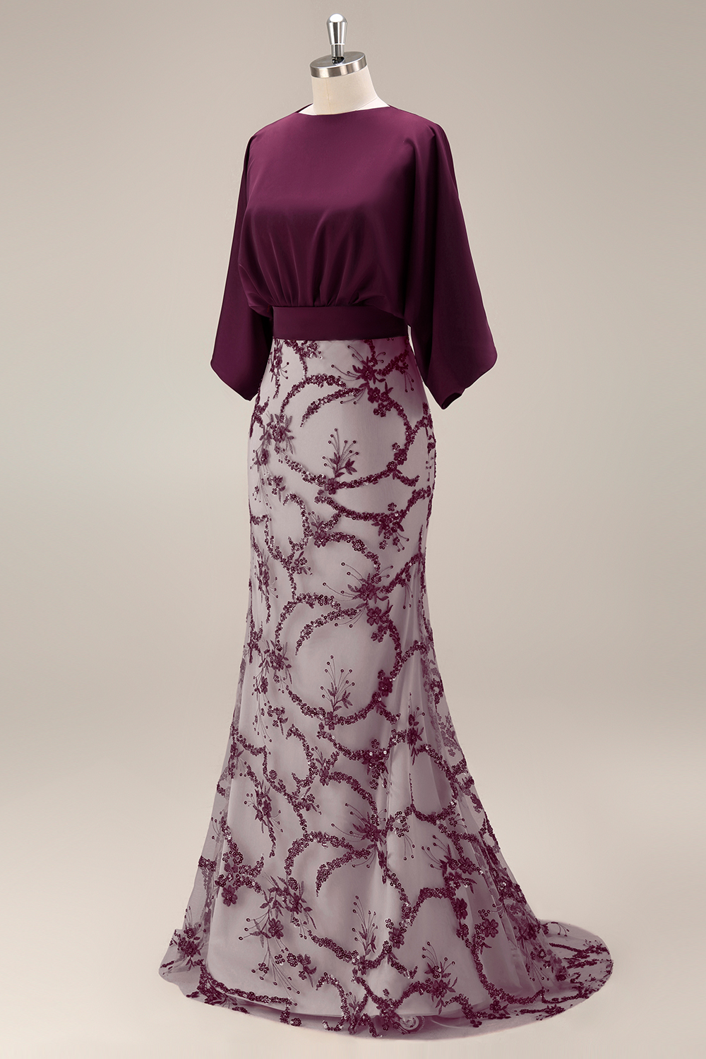 Sparkly Dark Purple Sequin Mermaid Long Boat Neck Grandmother of the Bride Dress