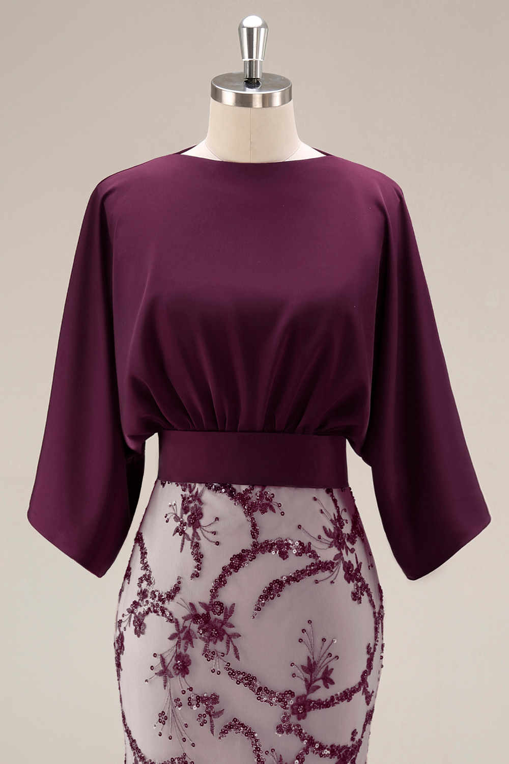Sparkly Dark Purple Sequin Mermaid Long Boat Neck Grandmother of the Bride Dress
