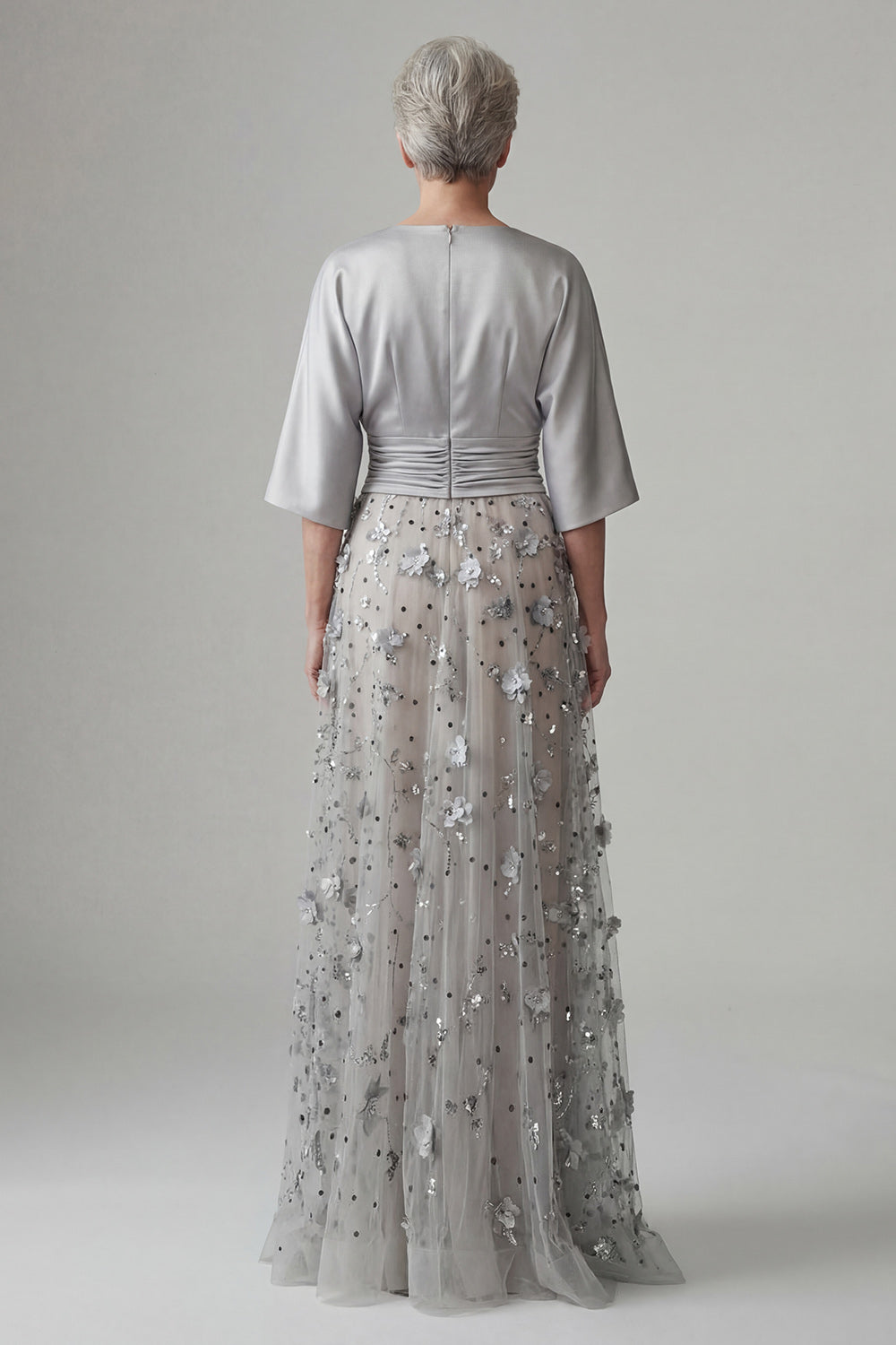 Sparkly Silver A Line Floral Sequin Long Grandmother of the Bride Dress