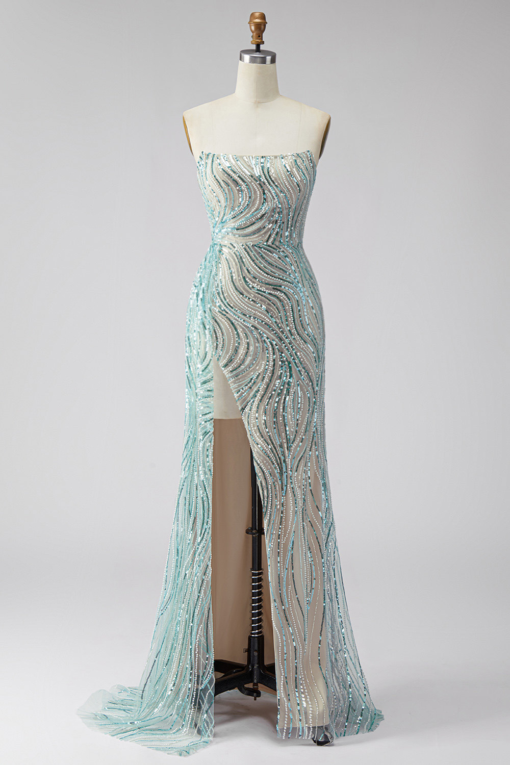 Sparkly Blue Beaded Mermaid Strapless Long Prom Dress with Side Cape