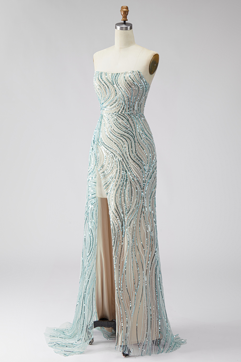 Sparkly Blue Beaded Mermaid Strapless Long Prom Dress with Side Cape