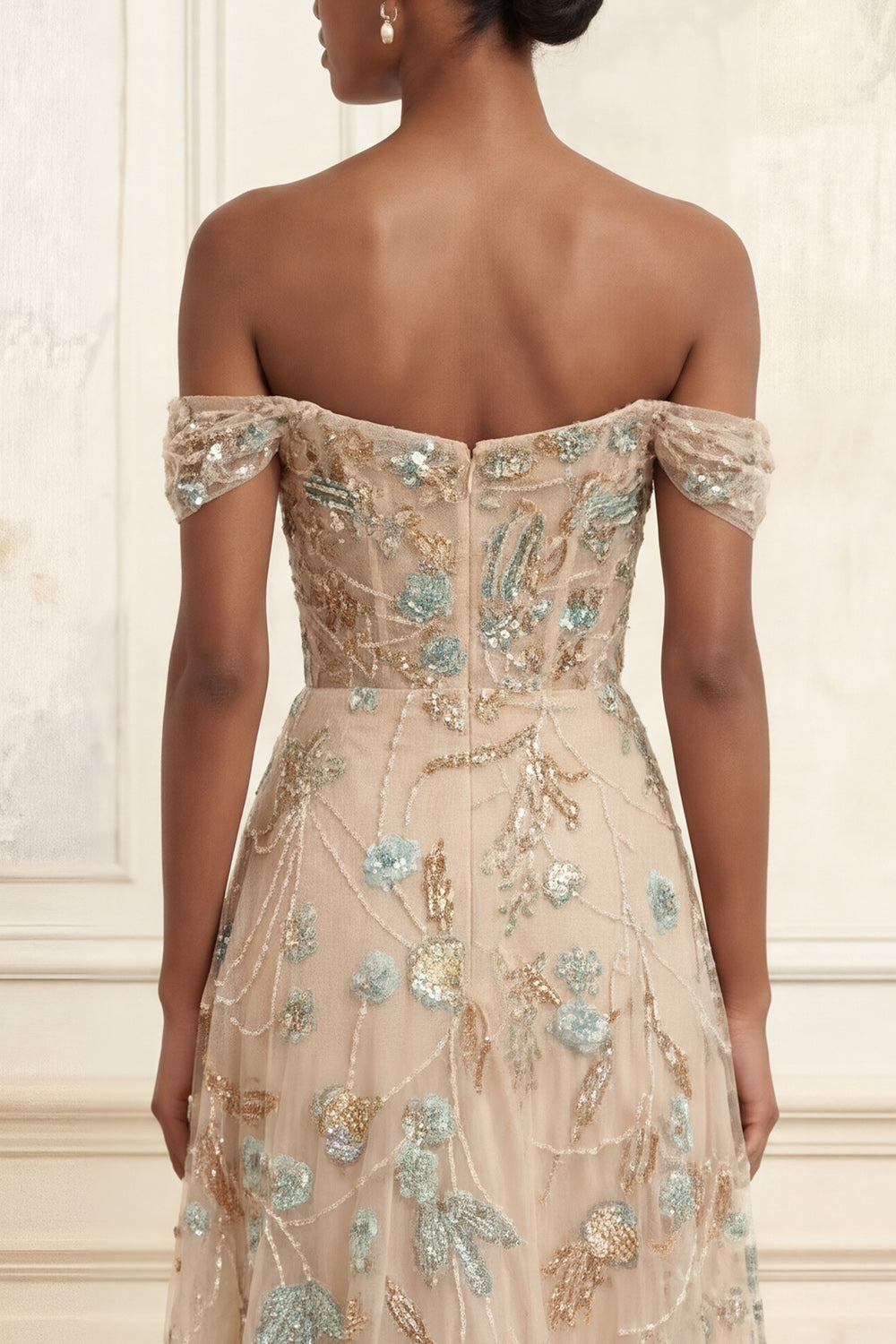 Sparkly Champagne A Line Beaded Long Corset Floral Prom Dress