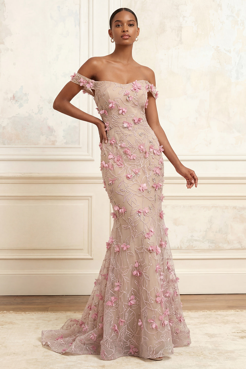 Sparkly Pink Floral Off the Shoulder Beaded Long Mermaid Prom Dress