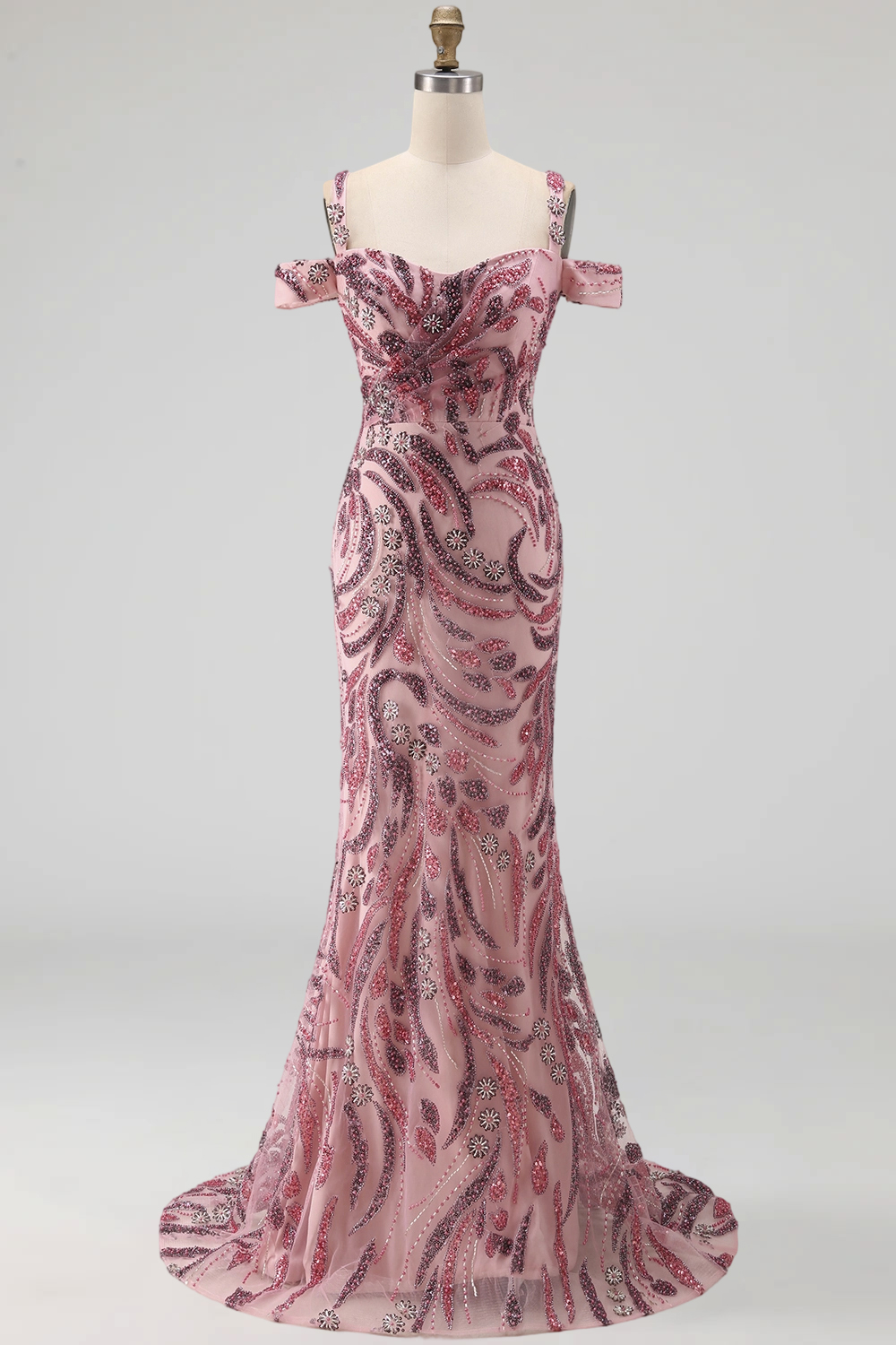 Cold Shoulder Sparkly Pink Neck Scarf Mermaid Long Beaded Prom Dress