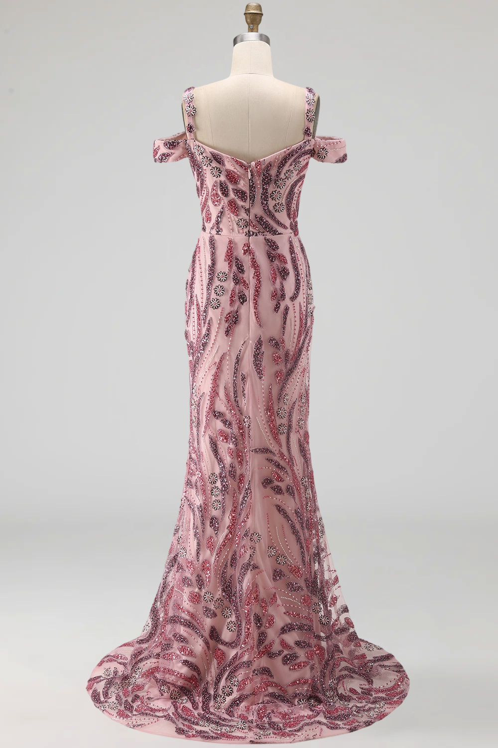 Cold Shoulder Sparkly Pink Neck Scarf Mermaid Long Beaded Prom Dress