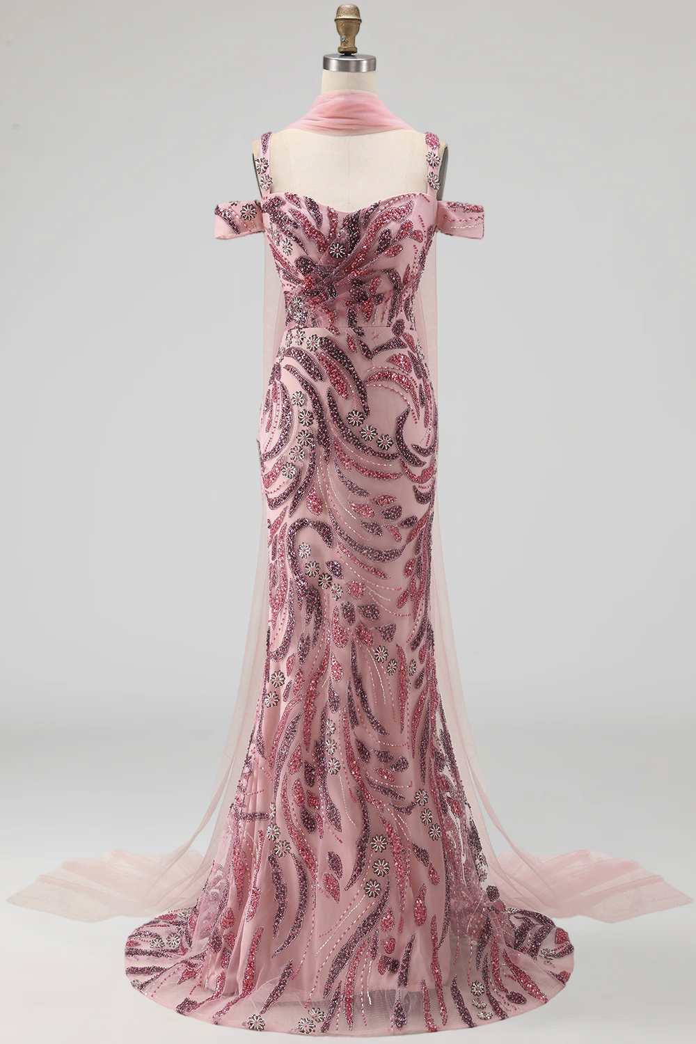 Cold Shoulder Sparkly Pink Neck Scarf Mermaid Long Beaded Prom Dress
