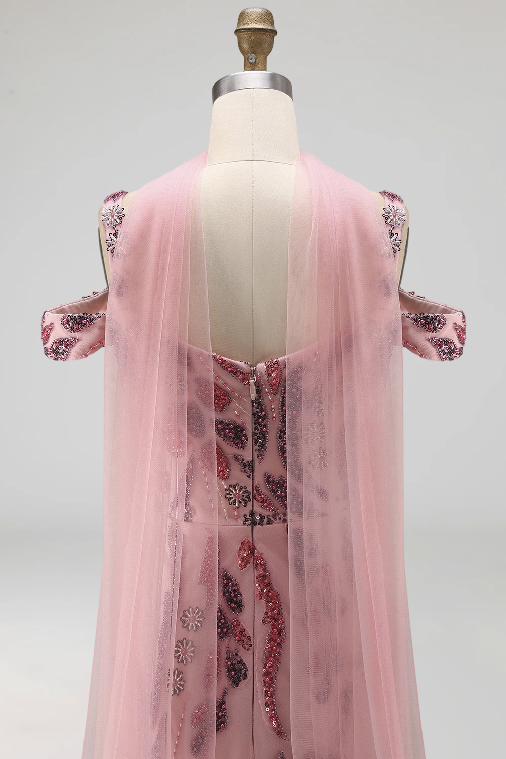 Cold Shoulder Sparkly Pink Neck Scarf Mermaid Long Beaded Prom Dress
