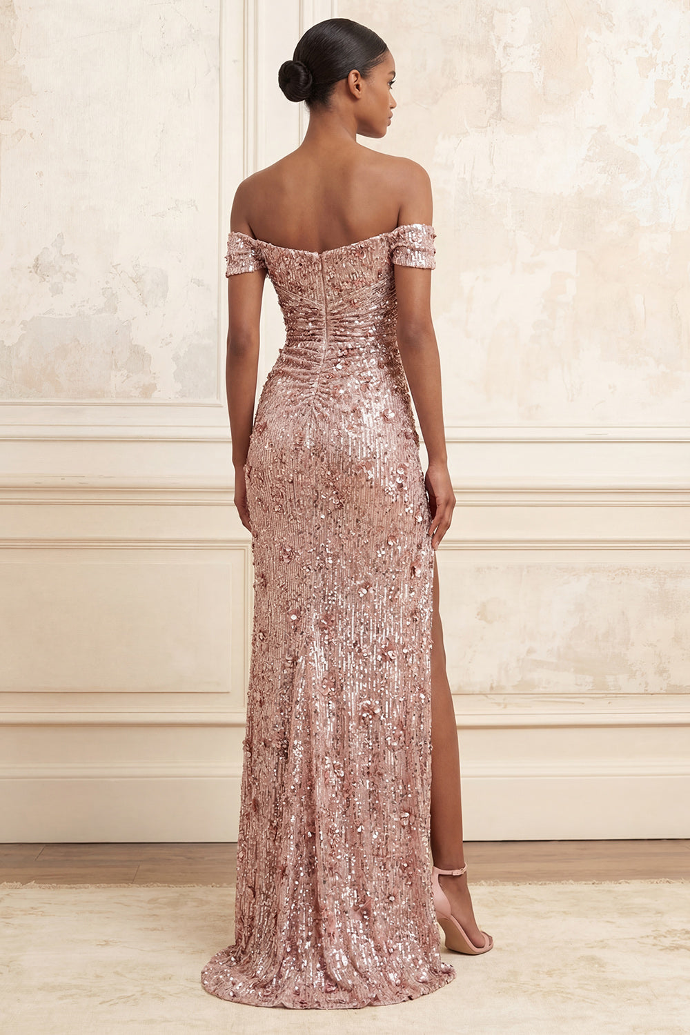 Sparkly Blush Beaded Off the Shoulder Long Floral Prom Dress with Slit