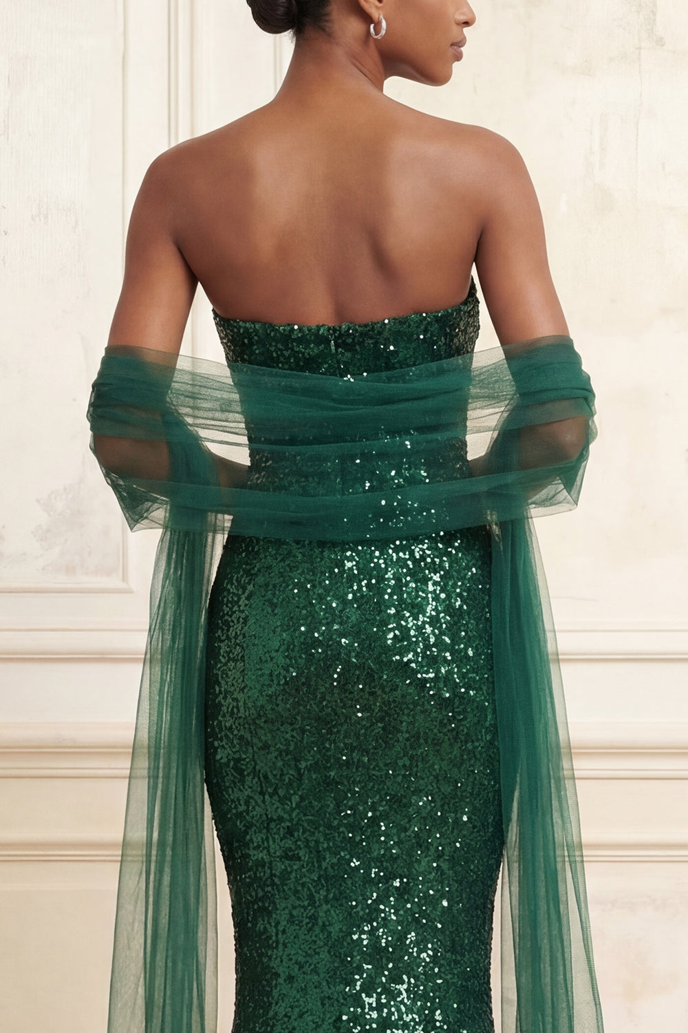 Sparkly Dark Green Strapless Mermaid Beaded Long Prom Dress with Shawl