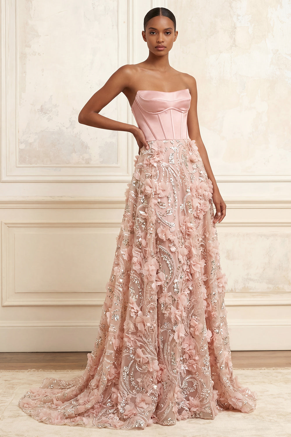 Sparkly Blush A Line Floral Corset Long Strapless Beaded Prom Dress