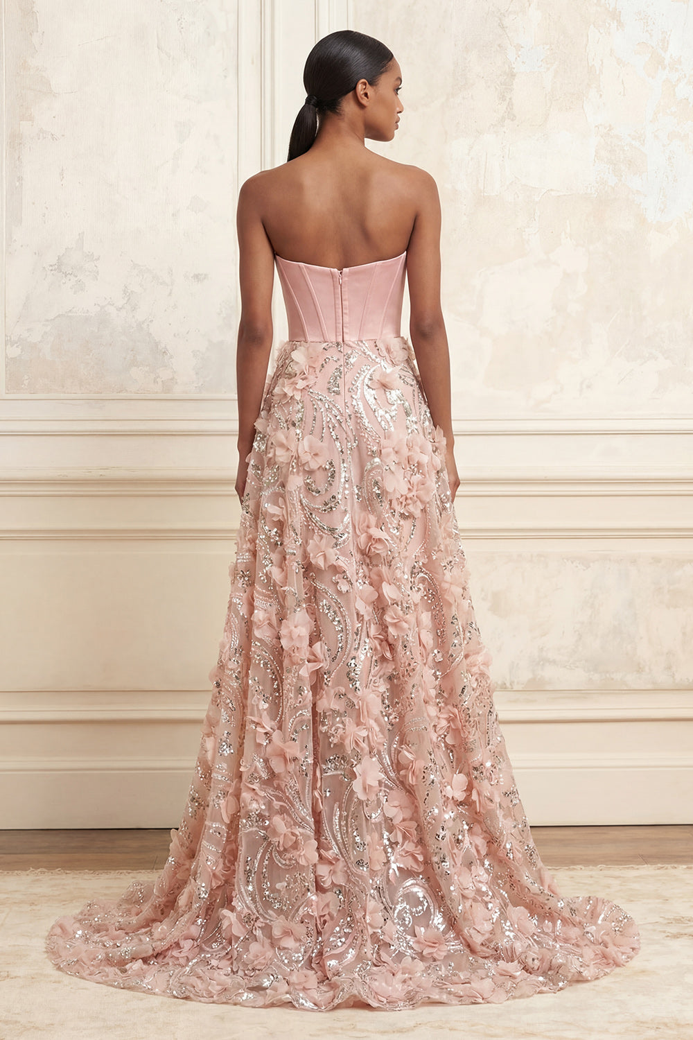 Sparkly Blush A Line Floral Corset Long Strapless Beaded Prom Dress