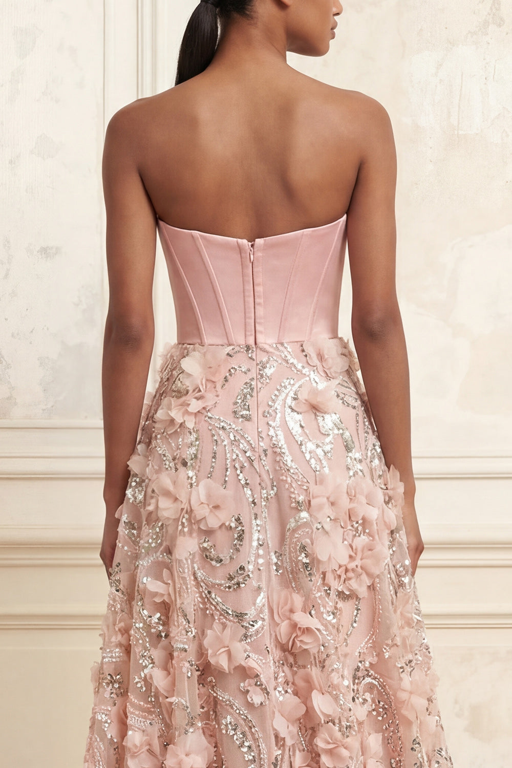 Sparkly Blush A Line Floral Corset Long Strapless Beaded Prom Dress