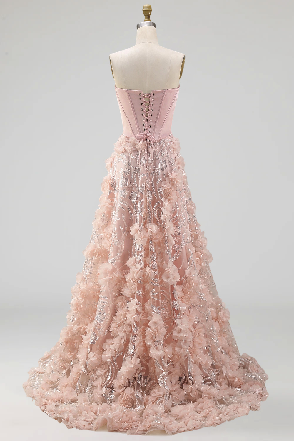 Sparkly Blush Floral Long Strapless Beaded A Line Corset Prom Dress with Slit