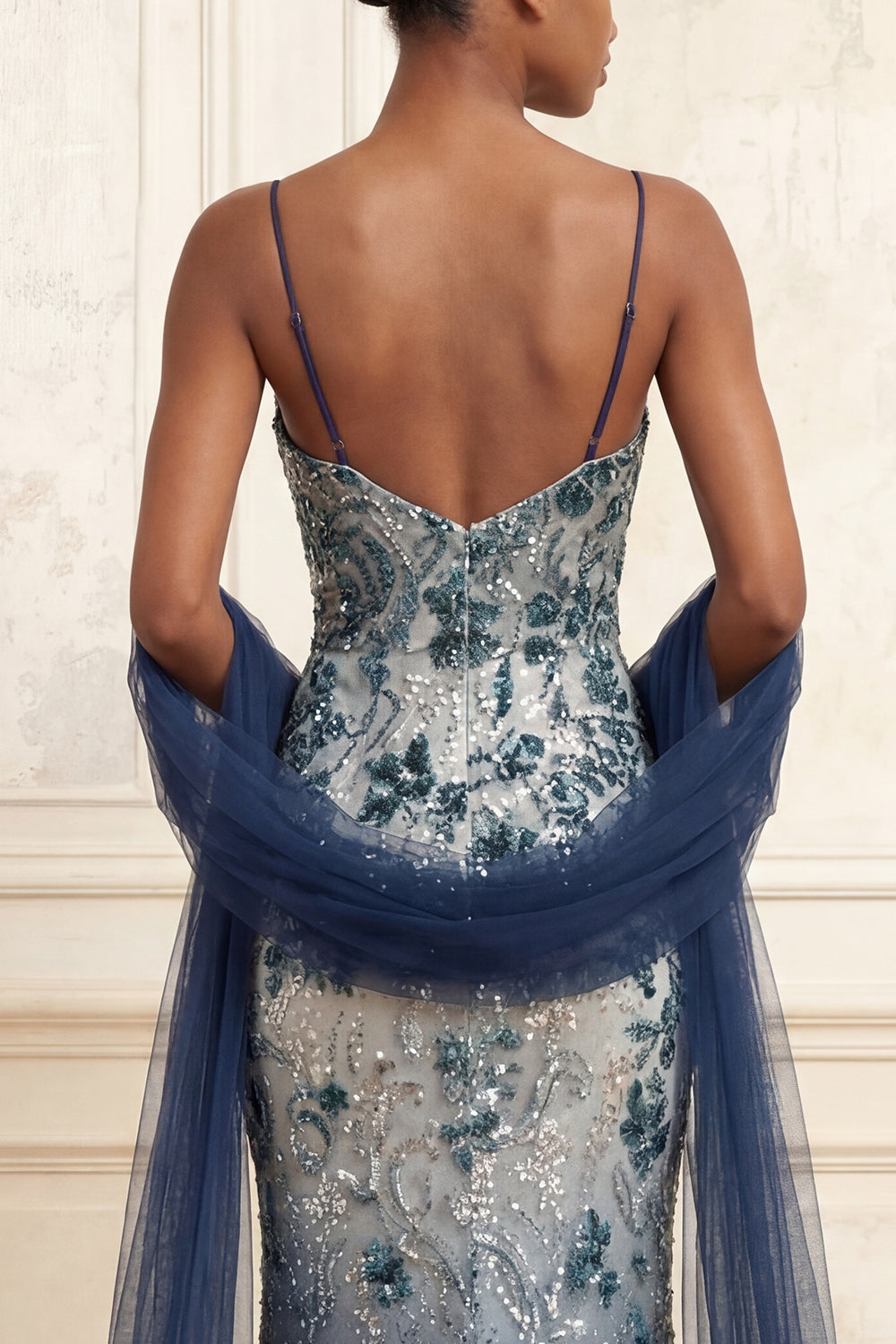 Sparkly Navy Spaghetti Straps Floral Long Beaded Prom Dress with Shawl