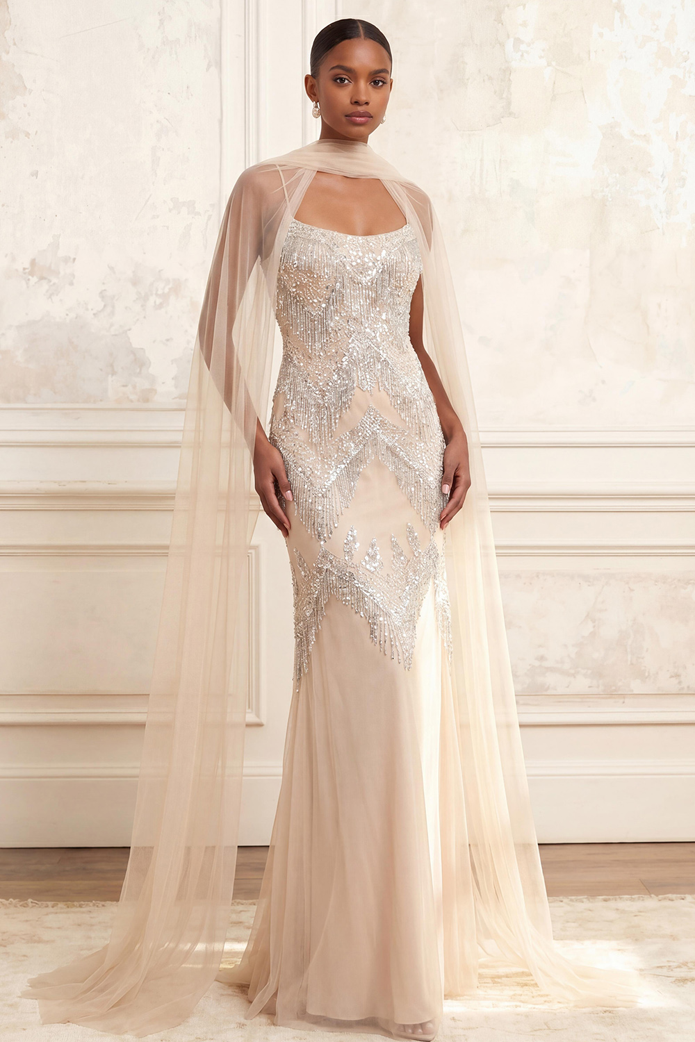 Sparkly Apricot Beaded Long Spaghetti Straps Prom Dress with Shawl