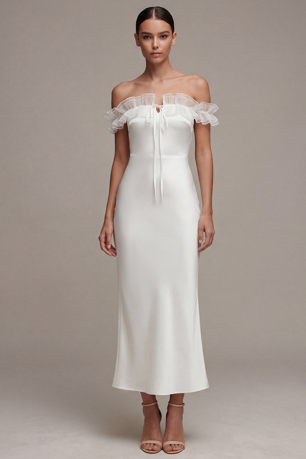 White Sheath Beach Off the Shoulder Maxi Reception Dress for Bride with Ruffles