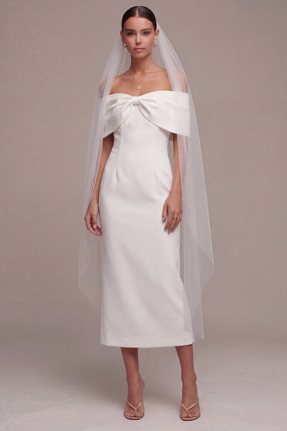 White Off the Shoulder Sheath Maxi Beach Reception Dress for Bride with Bow