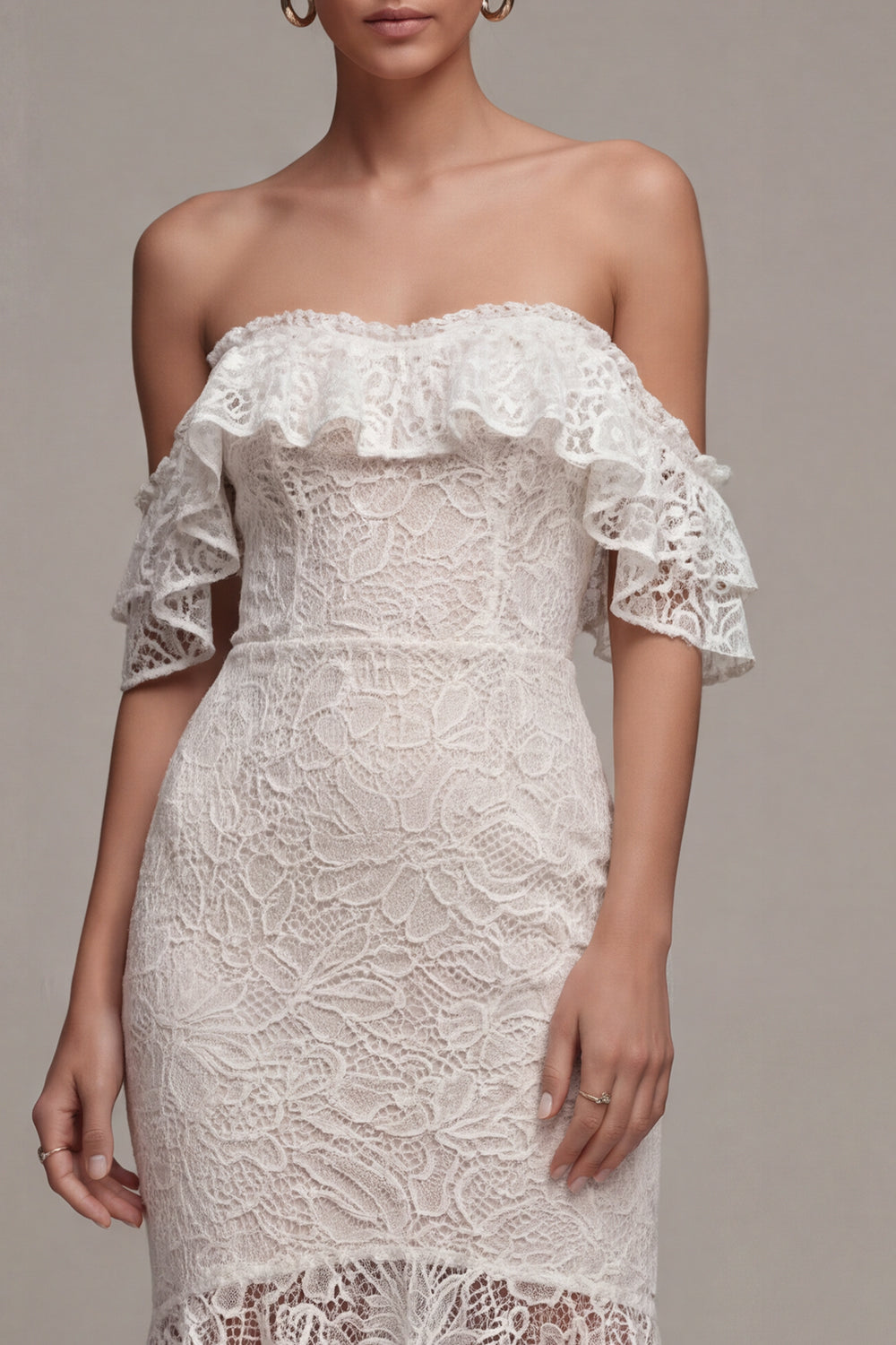 White Off the Shoulder Boho Asymmetrical Bodycon Reception Dress for Bride with Ruffles