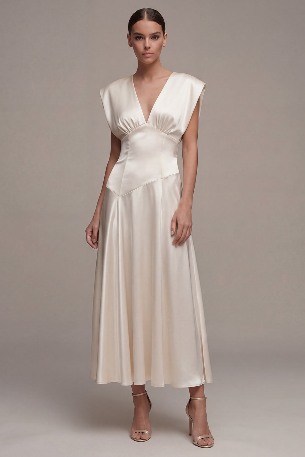 Simple Ivory V-Neck A Line Maxi Beach Reception Dress for Bride