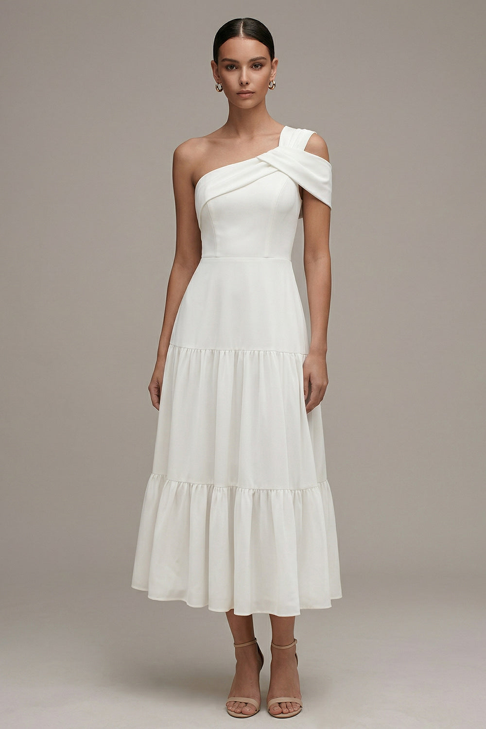 White Maxi One Shoulder A Line Beach Reception Dress for Bride