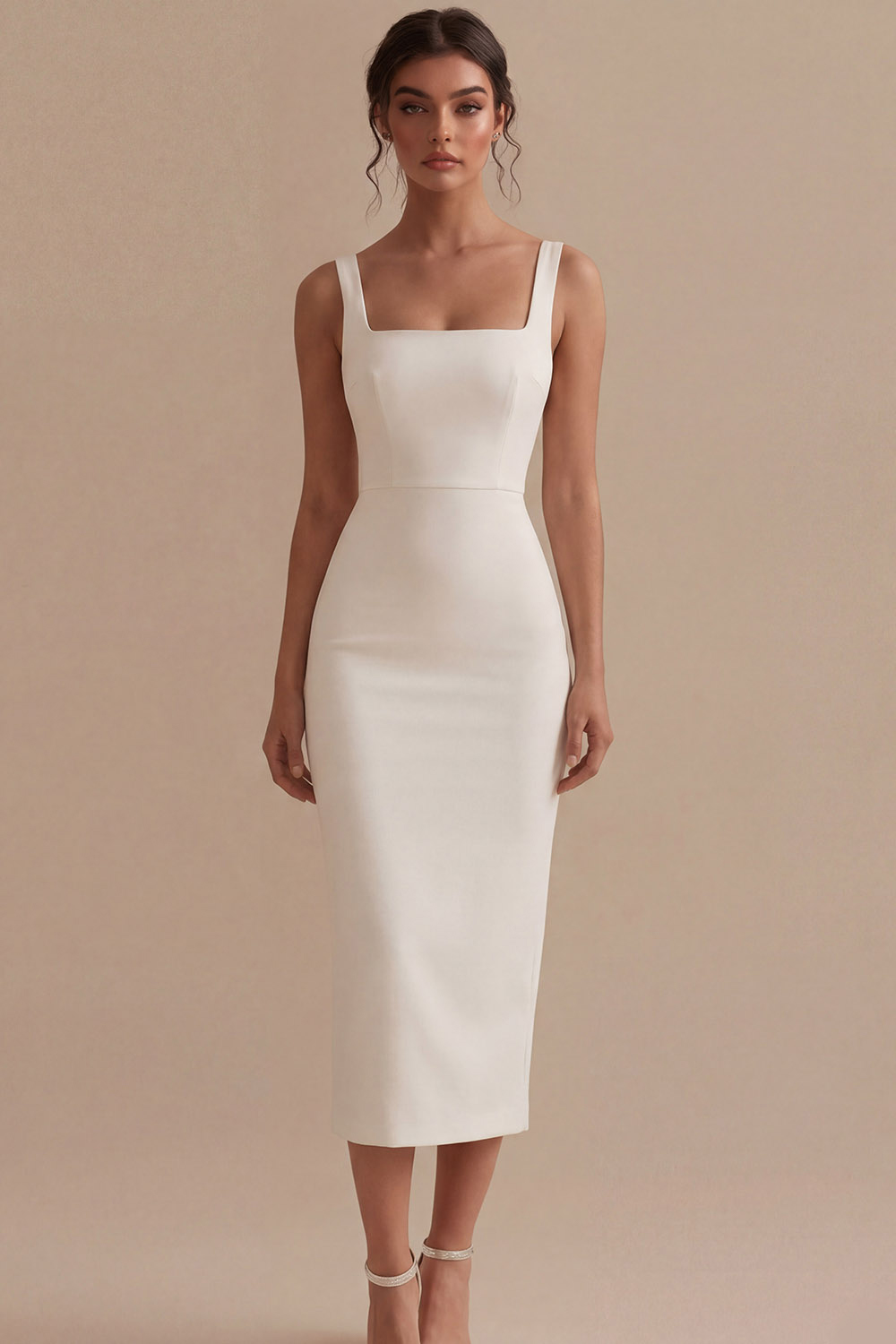 White Square Neck Maxi Bodycon Reception Dress for Bride