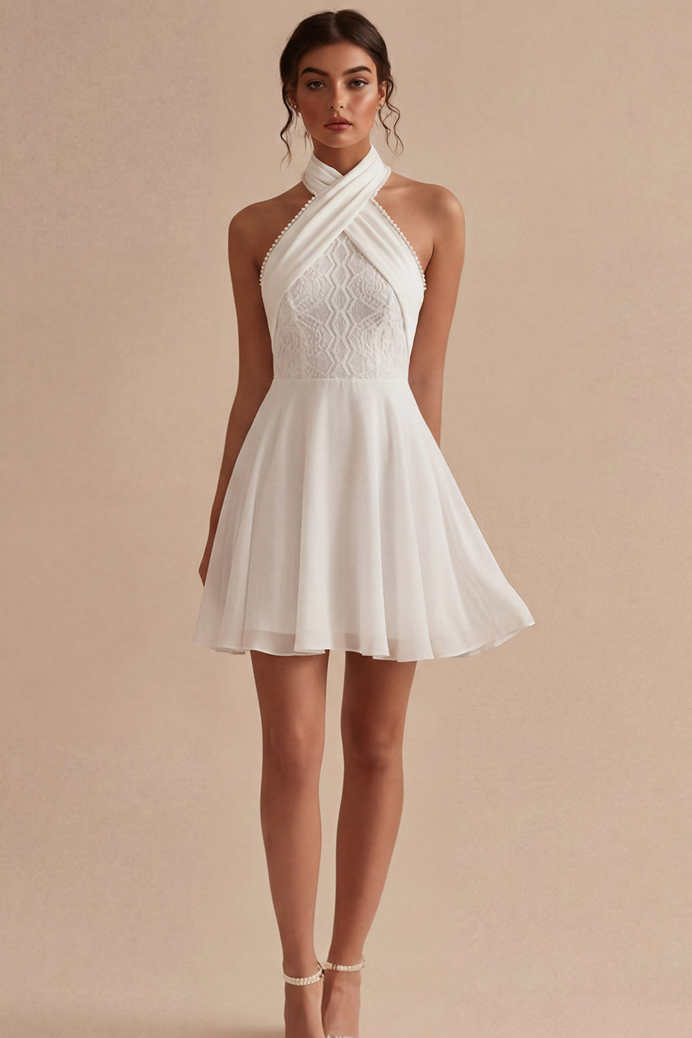 White A Line Short Halter Neck Backless Reception Dress for Bride with Lace