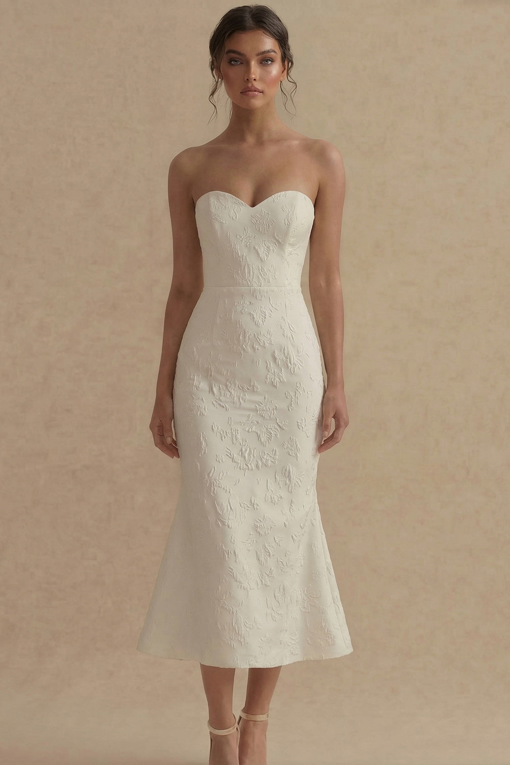 White Floral Strapless Mermaid Beach Maxi Reception Dress for Bride