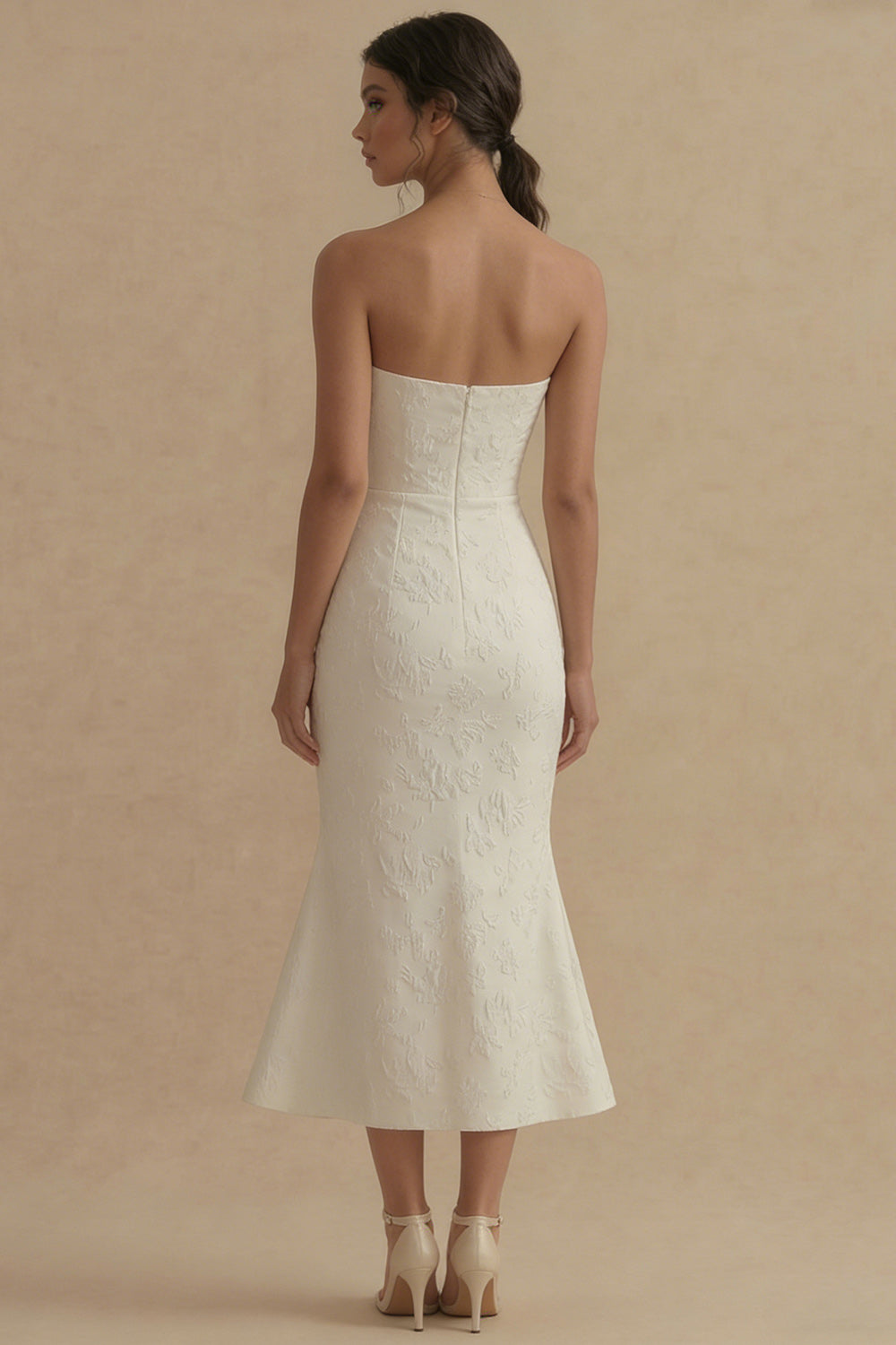 White Floral Strapless Mermaid Beach Maxi Reception Dress for Bride