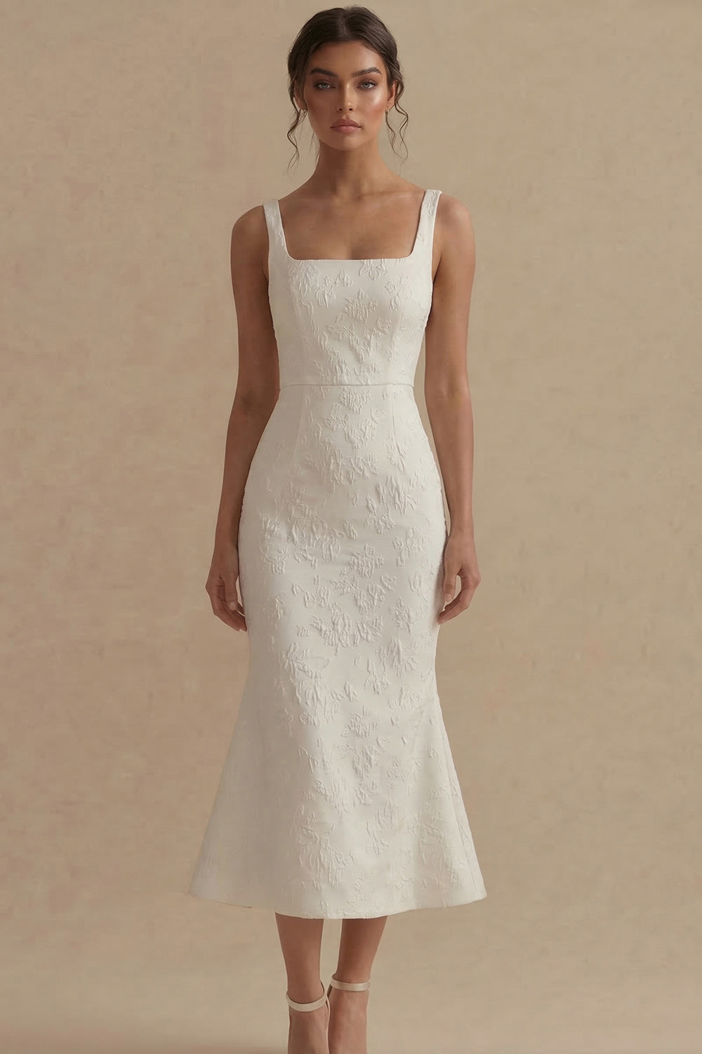 White Floral Mermaid Square Neck Maxi Beach Reception Dress for Bride