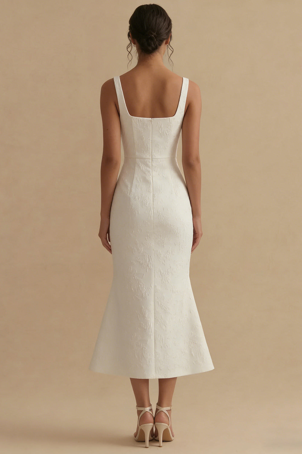 White Floral Mermaid Square Neck Maxi Beach Reception Dress for Bride