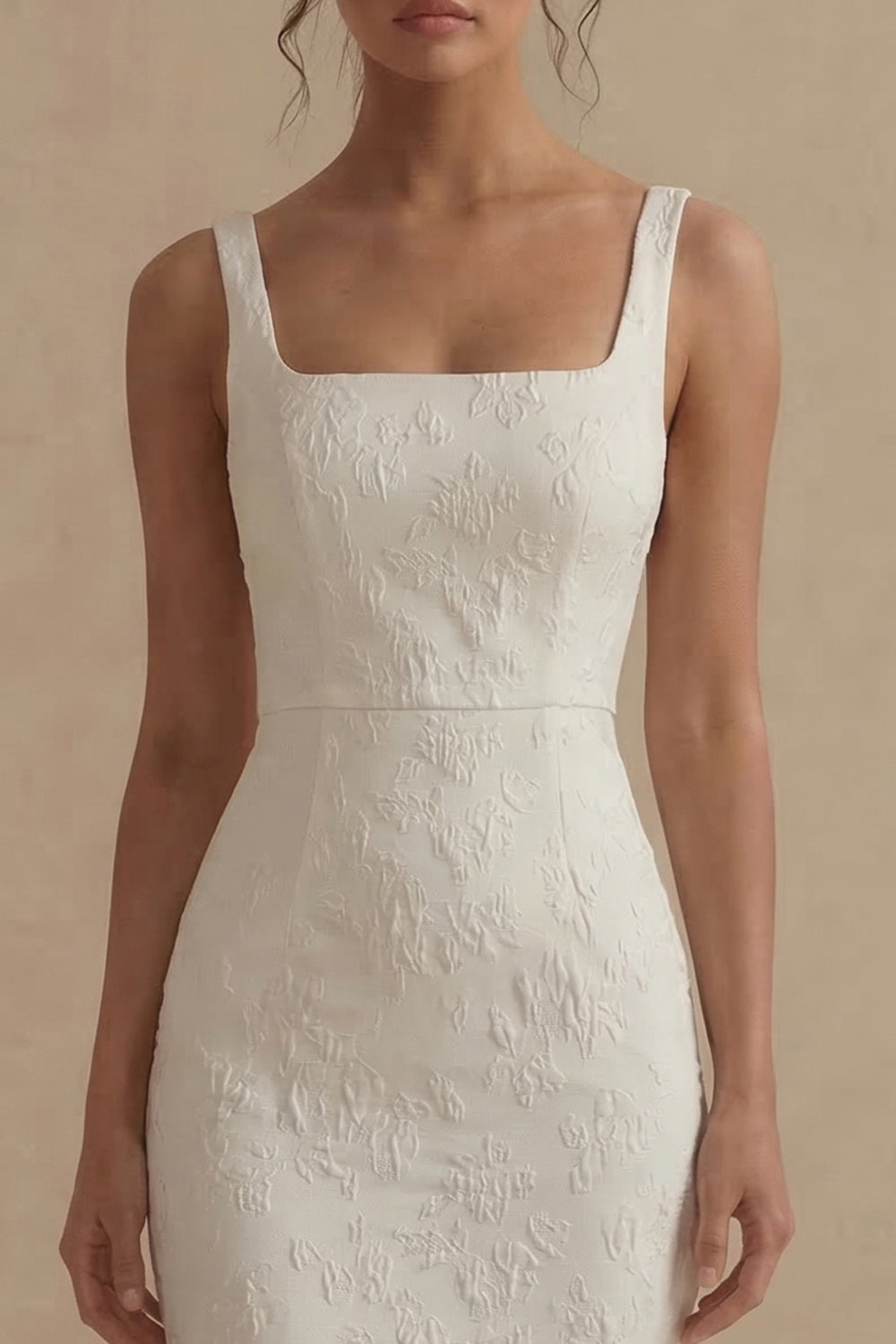 White Floral Mermaid Square Neck Maxi Beach Reception Dress for Bride