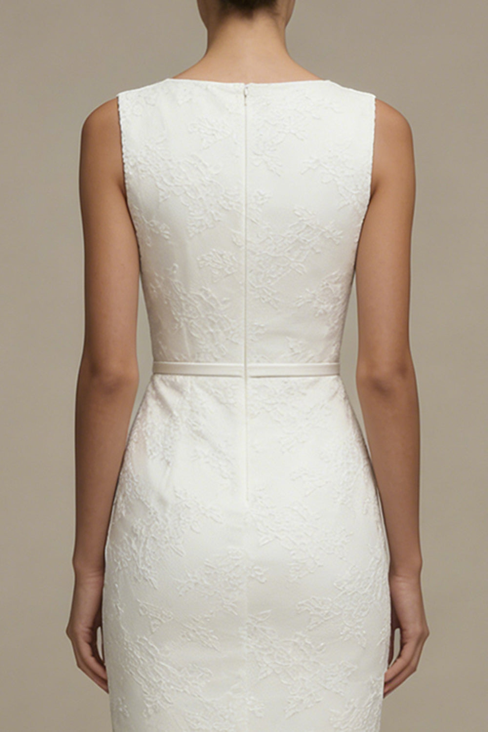 White Bodycon Floral Bateau Neck Midi Wedding Reception Dress for Bride