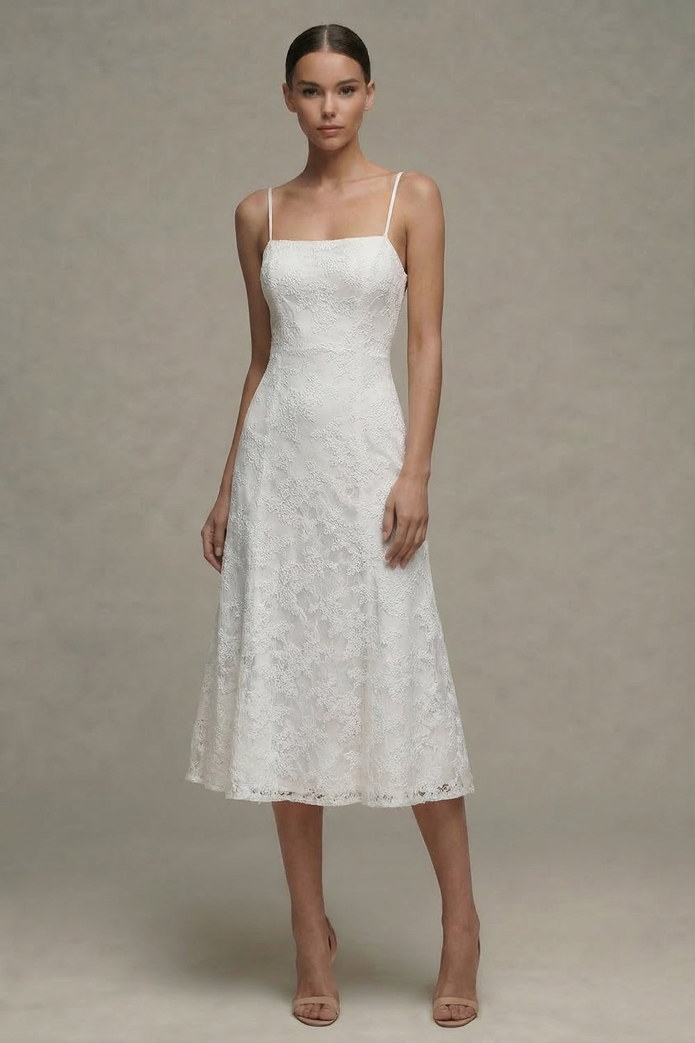 A Line Spaghetti Straps Floral Midi White Wedding Reception Dress for Bride