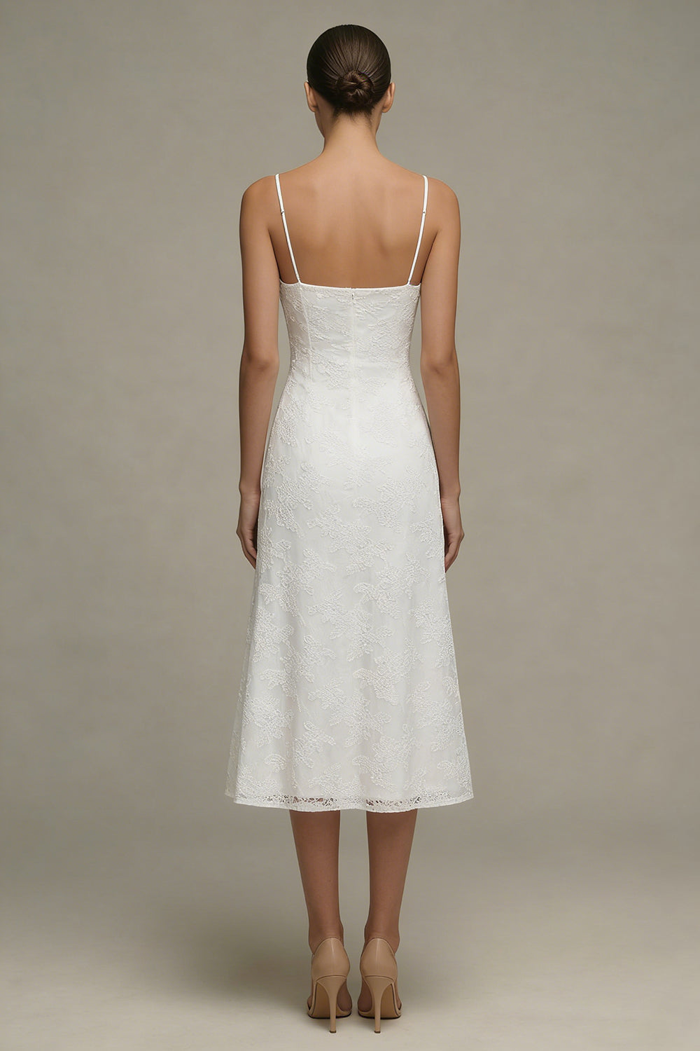 A Line Spaghetti Straps Floral Midi White Wedding Reception Dress for Bride