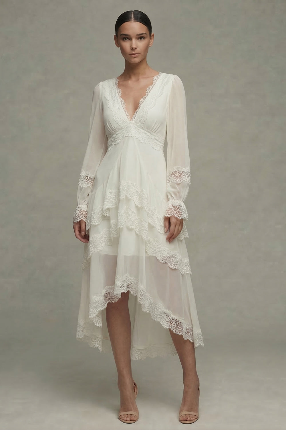 White A Line V-Neck Ruffled Asymmetrical Beach Wedding Reception Dress for Bride with Lace